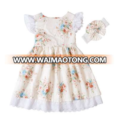 Infant Sleeveless Lace Long Dress with Headband 2pcs Floral Cotton Sets